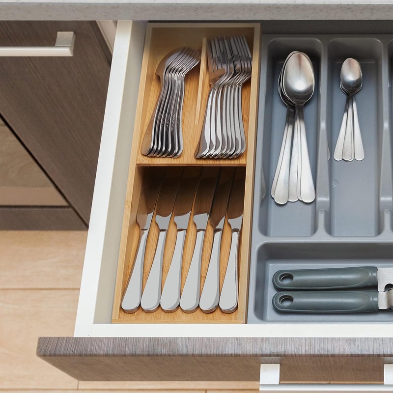 guiogc Bamboo Silverware Drawer Organizer, Kitchen Cutlery Tray,Utensil Holder for Spoons, Forks, Knives in Kitchen - Image 5